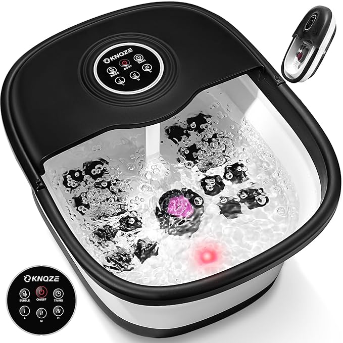 KNQZE Collapsible Foot Spa Bath with Heat, Remote Control, Temperature Control, Bubbles, Pumice Stone, Red Light, Timer, 16 Massage Roller Pedicure Foot Spa Foot Soaker for Soothe & Relax Tired Feet