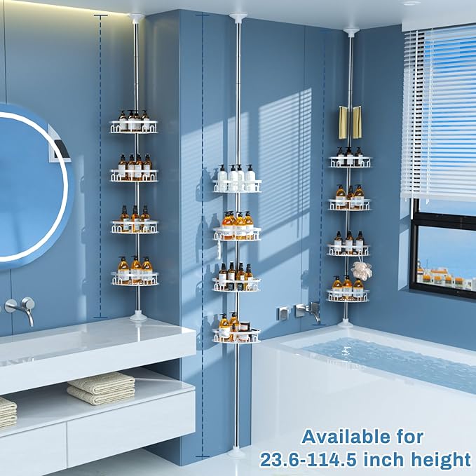 Rustproof Shower Corner Caddy Shelf for Bathroom Tension Pole Organizer with 4 Baskets for Bathtub Shampoo Storage from 23.6 to 114.5 Inch with Towel Bar (Silver)