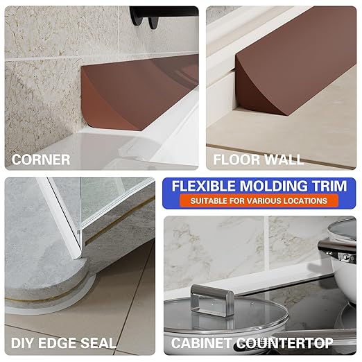 Flexible Molding Trim, Flexible Bendable Adhesive Caulking Strip, Molded Trim, Peel and Stick Home Decorative Edge for Bathroom, Kitchen, Floor, Wall (Dark Brown, 0.83in x 0.24in x 20ft)