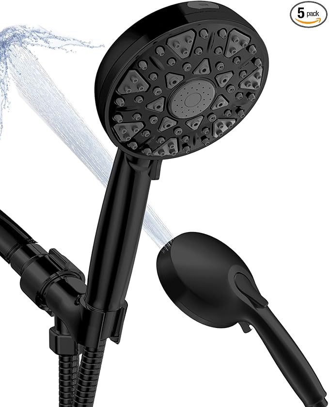 Shower Head With Handheld High Pressure 7 modes, Built-in Power Wash to Clear Tub, Tile, 5" High Powerful Hand Held Rain Showerhead with Stainless Steel Hose and Adjustable Bracket (Matte Black)