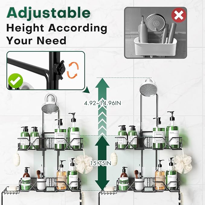 Stainless Steel Hanging Shower Caddy for Handheld Shower Heads,Adjustable Height Extra Long Bathroom Shower Organizer Hanger Rack with Hooks,Soap Holder