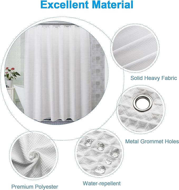AmazerBath White Shower Curtain Fabric, Waffle Shower Curtain Polyester, Luxury Cloth Shower Curtains for Bathroom, Hotel Quality, Machine Washable, Heavy Duty, 72 x 72 Inches (Matte White)