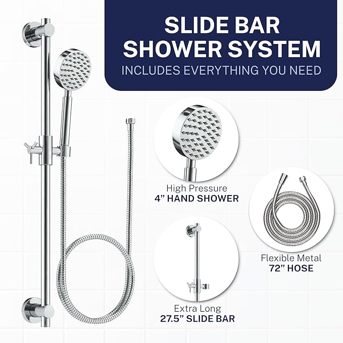 HammerHead Showers® SOLID METAL 27.5 Inch Shower Slide Bar Set and Handheld Shower Head with Hose — CHROME — 1.75 GPM Low Flow Spray Wand — Easily Adjust Height & Angle of Handshower