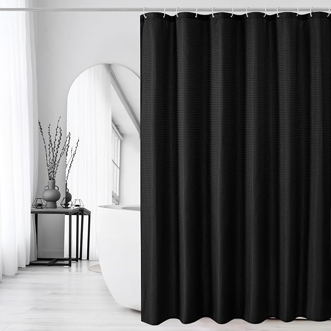 Gibelle Extra Long Shower Curtain 72 x 84, Tall Waffle Weave Textured Fabric Shower Curtain for Bathroom, Water Repellent, Machine Washable, Black
