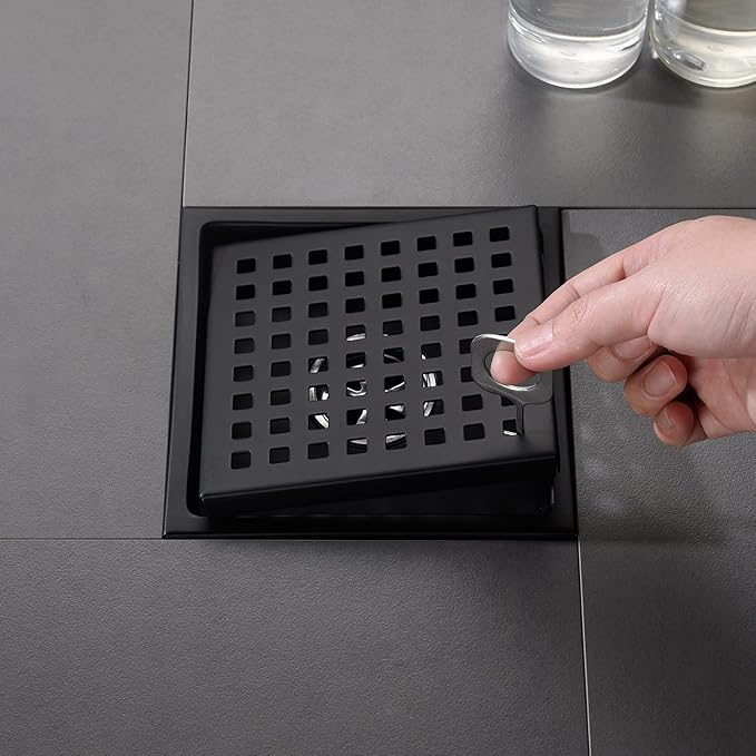 6 Inch Shower Drain Brushed Nickel Square with Adjustable Shower Drain Base Flange SUS304 Stainless Steel Floor Drain Cover Removable Mesh Grille