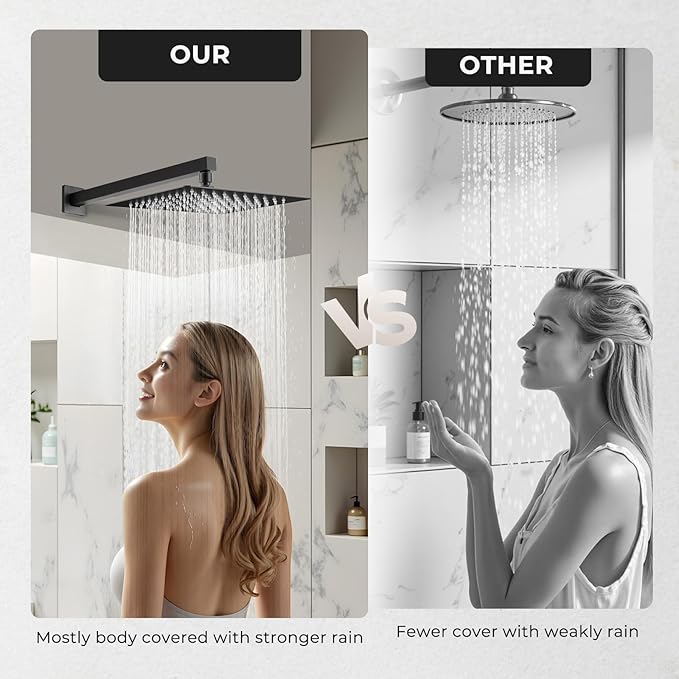 Rain Shower Head, 10 Inches Large Rainfall Shower Head, 304 Stainless Steel Made, Ceiling or Wall Mount, High Pressure Flow, Ultra Thin, Matte Black