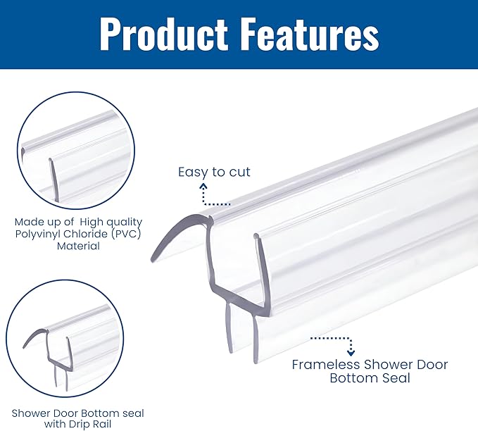 KC Hardware Frameless Shower Door Bottom Seal Strip with Drip Rail - Shower Door Seal Sweep for 3/8 Inch Thick Glass - Acts as a Leak Guard to Prevent Water Leaks - 36 Inch - Ultra Clear - Pack of 1