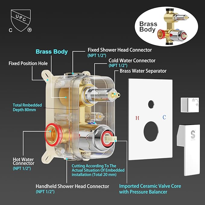 SR SUN RISE 12 Inch Slide Bar Shower System, Square Rain Shower Head and Handheld Spray, Wall Mounted Shower Faucets Sets Complete Included Valve and Shower Trim Kit, Polished Chrome