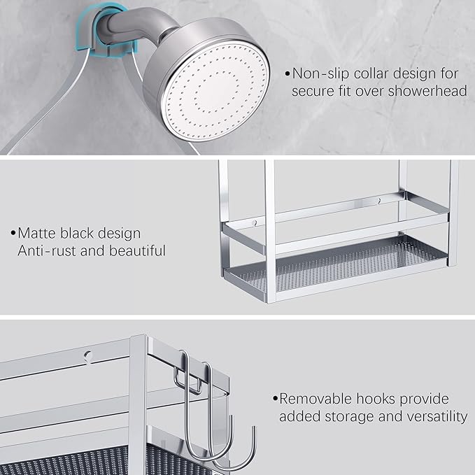 Meangood Shower Caddy, Silver Hanging Shower Caddy Organizer 10.4" x 4.5" x 22.04" Over Shower Head Big Capacity for Shampoo, Conditioner with Hooks for Razor/Sponge
