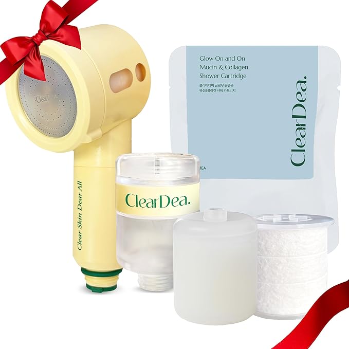 Glow On and On Shower Head & Mucin + Collagen Cartridge Set – Hydrating Filter Shower Head Bundle with Leak-Proof Connector Case Holiday Gift Set