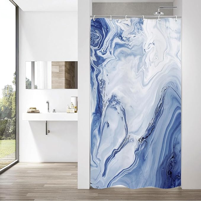 MitoVilla Navy Blue Marble Small Stall Shower Curtain 36 x 72, Abstract Ombre Half Size Narrow Shower Curtain Set, 36 inch Modern Fabric Shower Curtains for Chic Luxury Bathroom Decor