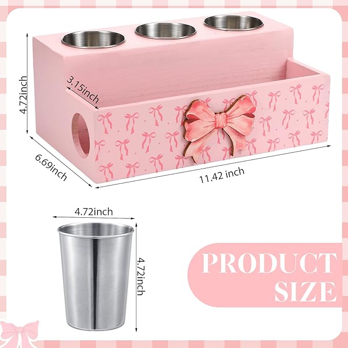 Pink Bow Hair Dryer Holder Wall Mounted Wooden Hair Dryer Holder Countertop Coquettish Preppy Bathroom Storage Accessories Decor Vanity Tools Bathroom Organizer for Curling Wand
