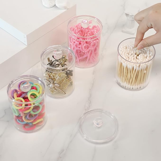 4 Pack Acrylic Qtip Holder Dispenser,Bathroom Canisters Apothecary Jar Set, Bathroom Organizers and Storage,10 oz with 1Gap