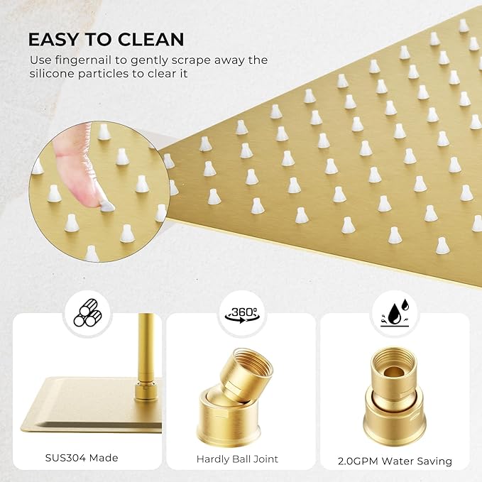 10 Inch Rain Shower Head, Square Rainfall & High Pressure, 304 Stainless Steel, 1/16" Ultra Thin, Waterfall Full Body Coverage with Silicone Nozzle, Brushed Gold