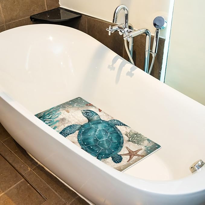 Bath Tub and Shower Mats, Non Slip Bathmat with Drain Holes and Suction Cups for Bathroom Floor, 15.1 x 26.8 Inch (Art Marine Sea Turtle Starfish Vintage Map)