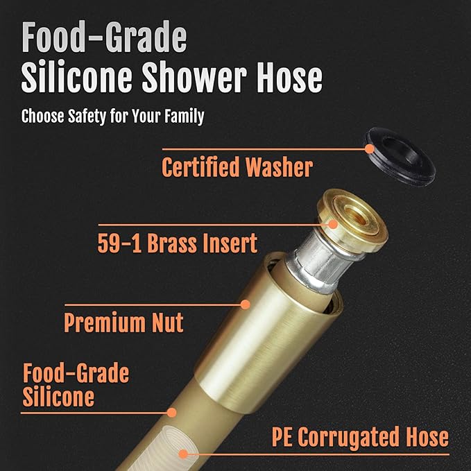 Shower Hose, Food-Grade Silicone Shower Hose Attachment for Handheld Shower Head, Kink-Free Shower Head Hose Extension Extra Long, Shower Hose Replacement with Premium Brass, 70 Inches, Gold