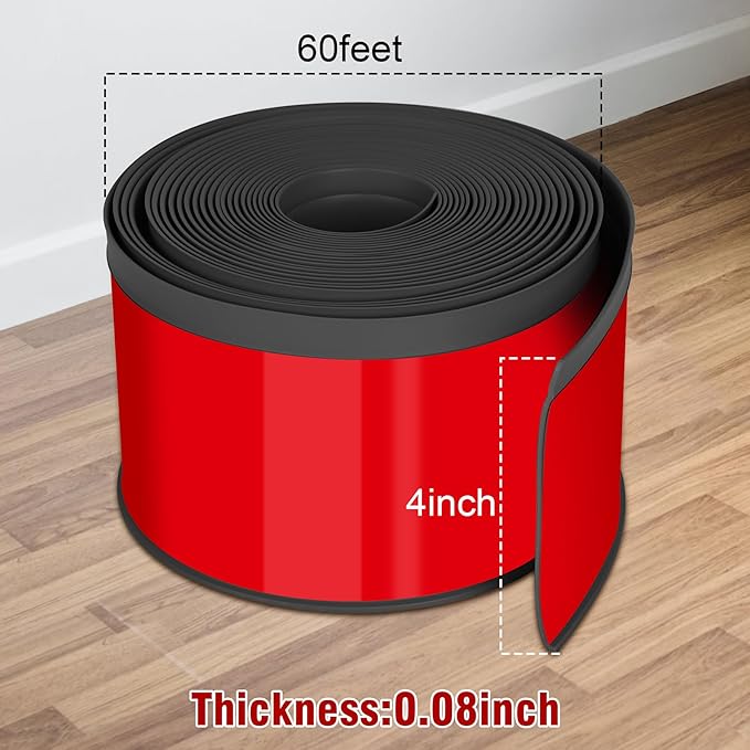 Vinyl Baseboard Molding Trim 4 Inch x 60 Feet Peel and Stick Baseboard Trim Flexible PVC Cove Base Moulding Self-Adhesive Trim for Garage Bathroom Cabinet Floor Walls, Black