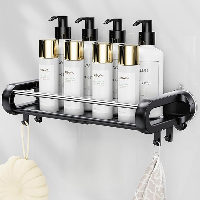 JOTPE Suction Cup Shower Shelf, Removable Shower Caddy Suction Cup with Large Capacity, Storage Suction Powerful Max Hold 22lbs, No Drilling Shelves for Bathroom Storage & Home Decor, Black