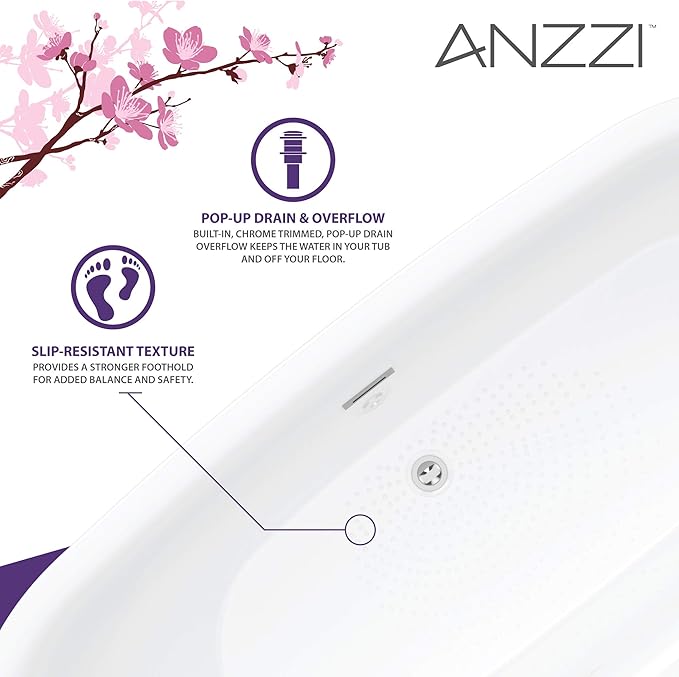 ANZZI Freestanding Tub 67”, Soaker Tub, Acrylic Center Drain, Luxury Spacious, Deep Soaker Bathtub with Overflow and Drain, Modern Slip-Resistant Floor (FT-AZ401)