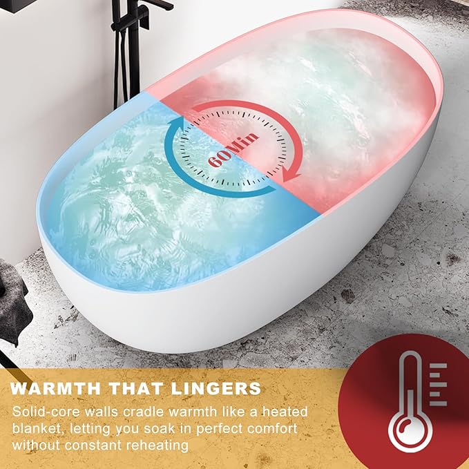 Stone Resin Freestanding Bathtubs,Soklawah 63" Solid Surface Luxury Soaking Tub,Oval Stand Alone Bathroom Bath tub with Drain & Integrated Slotted Overflow,Matte White Elegant Soaker Free Standing Tub