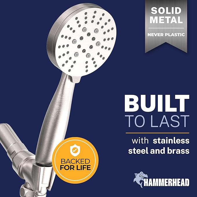 HammerHead Showers® Solid Metal 3-Spray Handheld Shower Head with Long Hose and Holder - BRUSHED NICKEL - 2.5 GPM High Pressure Shower Head with Handheld Sprayer - WIDE, MASSAGE, and MIST Sprays