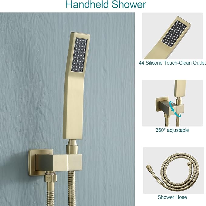 Gold Shower Faucet - Lordear 10 Inch Rain Shower System Wall Mounted Shower Head Faucet Set Stainless Steel Showerhead with Handheld Combo and Solid Brass Valve, Brushed Gold Finish