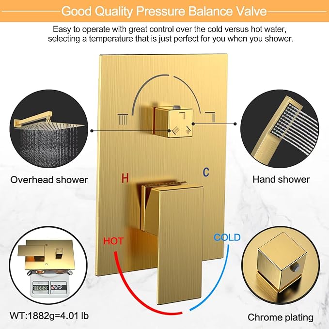 Shower System Rain Shower Faucet Set with Tub Spout,10 inch Bathroom Wall Mounted Waterfall Bathtub Faucet with Handheld Spray and Rough-in Valve Body and Trim kit,Brushed Gold