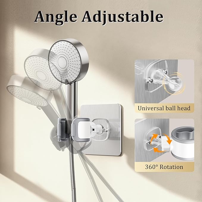 Adjustable Wall Mounted Shower Head Holder, Strong Adhesive & Drilling 2 Installation Methods, 360° Swivel Handheld Shower Wand Holder for RV Kids’ Bathroom Shower Accessories （White