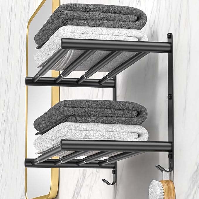 Black Adjustable Towel Bar for Bathroom Wall Mount17-30.7inch Adhesive Shower Towel Rack Stainless Steel Bath Towel Holders for Toilet Kitchen Double Towel Hanger (Black Double Towel Rack)