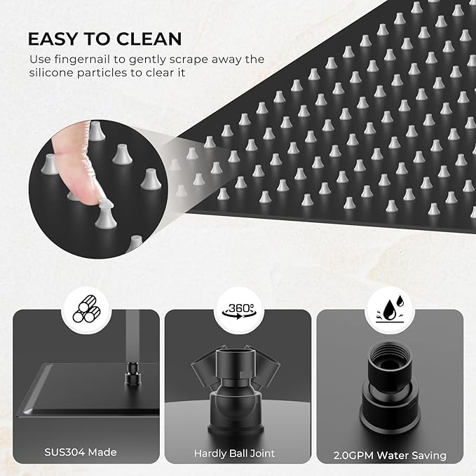 Rain Shower Head, 10 Inches Large Rainfall Shower Head, 304 Stainless Steel Made, Ceiling or Wall Mount, High Pressure Flow, Ultra Thin, Matte Black