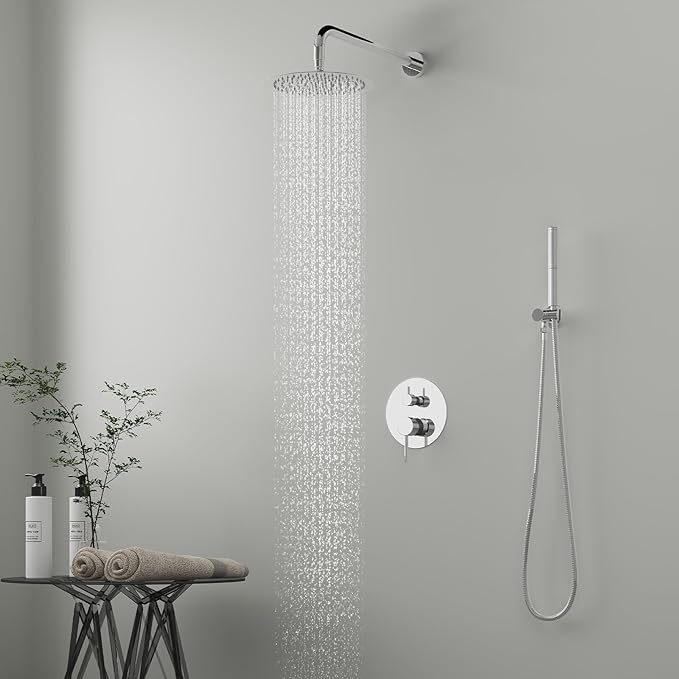 BESy Shower System with 10 Inch Round Rain Shower Head and Handheld Wall Mounted, High Pressure Rainfall Shower Faucet Fixture Combo Set with 2 in 1 Handheld Showerhead for Bathroom, Polished Chrome