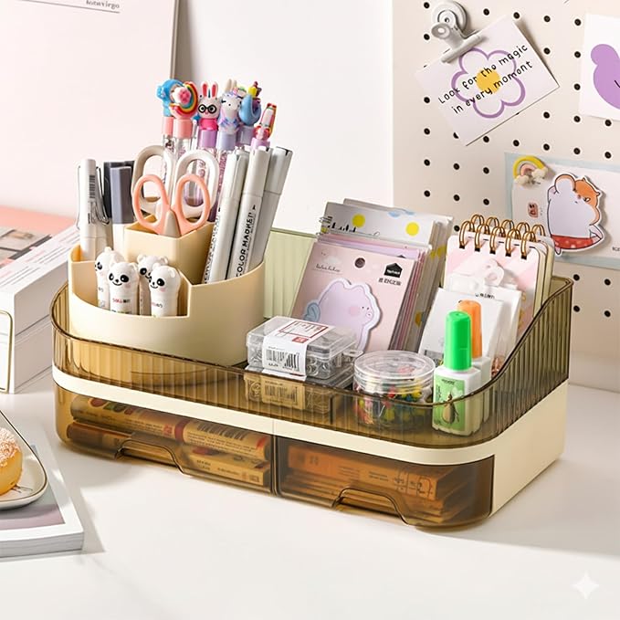 Large Plastic Makeup Organizer with Rotating Brush Holder for Vanity - Bathroom Countertop Skin Care Storage, Easy for Lipsticks, Nail Polishes, Perfumes & Eyeshadow Palettes