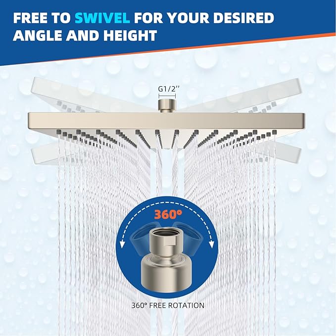 Hibbent Thickness Metal Rain Shower Head, 12 Inch High Pressure Shower Heads, Square Large Bathroom Rainfall Shower Head with Adjustable Brass Ball Joint, Waterfall Full Body Coverage, Brushed Nickel