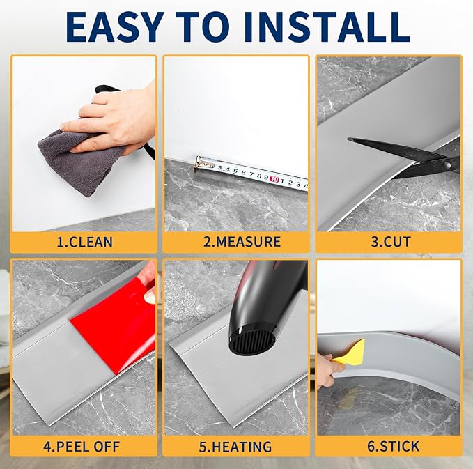 Flexible Baseboard Molding Trim 4 Inch Self-Adhesive Vinyl Wall Base Peel and Stick Cove Base Rubber Wall Baseboard Moulding Trim (60Ft, Gray)