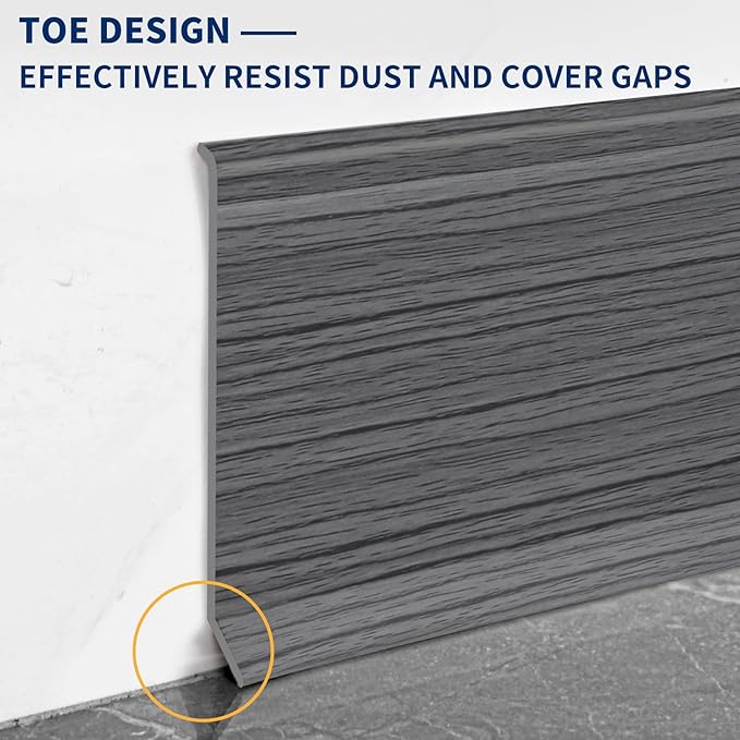 Flexible Baseboard Molding Trim 4 Inch Self-Adhesive Vinyl Wall Base Peel and Stick Cove Base Rubber Wall Baseboard Moulding Trim (60Ft, Deep Gray Wood Grain)