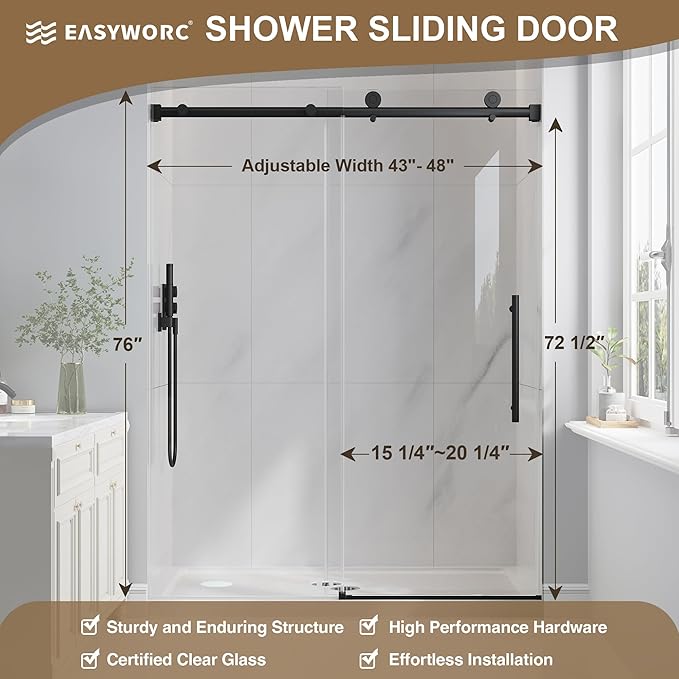 Frameless Glass Shower Door, 43-48" W x 76" H Sliding Frameless Shower Door, 1/4''(6mm) SGCC Tempered Glass, Explosion-Proof Film Nano Coating, Stainless Steel Hardware, Matte Black