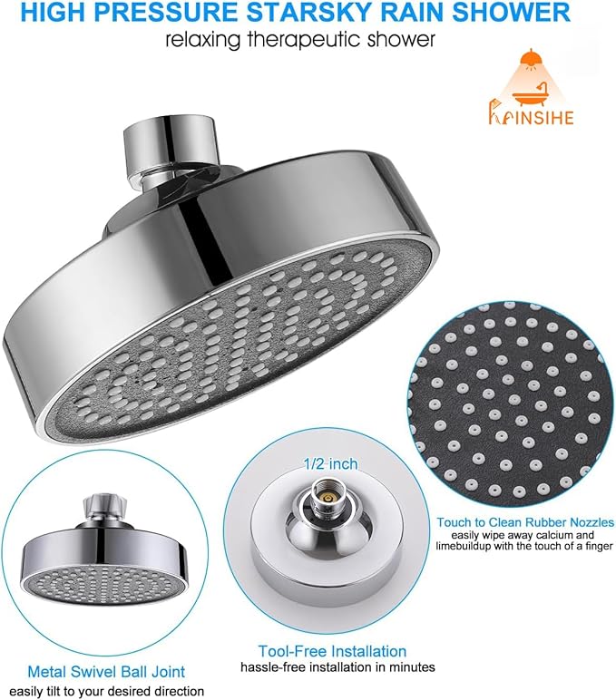 Fixed Shower Head Replacment, 1.8 GPM Fixed Showerhead Screw on Universal Shower Head for Bathroom with Flow Restrictor Fit G1/2" Easy Clean, 4" Round Chorme