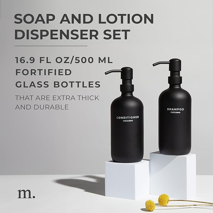 MaisoNovo Soap Dispenser 2-Piece Set | 16.9oz Black Bottles with Black Stainless Steel Pumps