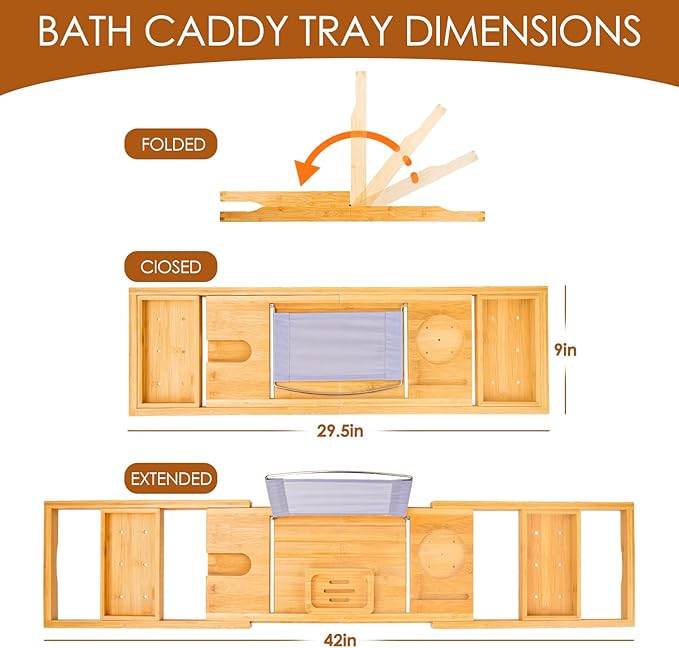 Foldable Bathtub Caddy Tray, Bamboo Bath Tub Tray Table for Tub with Wine Glass Holder Book Phone Tablet Holder with Extending Sides, Adjustable Bathroom Bathtub Free Soap Holder Gift Idea (Beige)