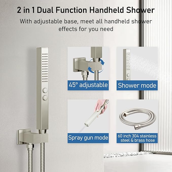 Thermostatic Shower System Brushed Nickel, STARBATH Shower Faucets Sets 12+ 6" Wall Mount Rain Shower and 2 in 1 Handhled, Can Use All at Once, Push Button 3 Modes Valve Complete Shower Set