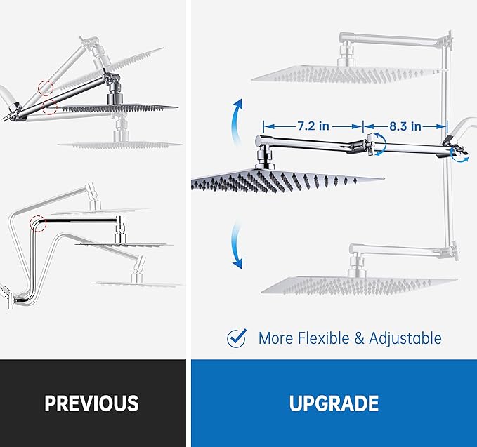 G-Promise 16 Inch Shower Head Extension Arm, Solid Brass Height & Angle Adjustable Extender, Rise or Lower Rainfall and Fixed Shower Head (Chrome)