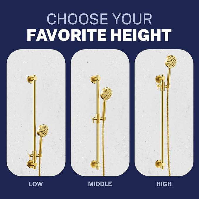 HammerHead Showers® Solid METAL 27.5 Inch Shower Slide Bar Set and Handheld Shower Head with Hose — BRUSHED GOLD — 2.5 GPM High Pressure Spray Wand — Easily Adjust Height & Angle of Handshower