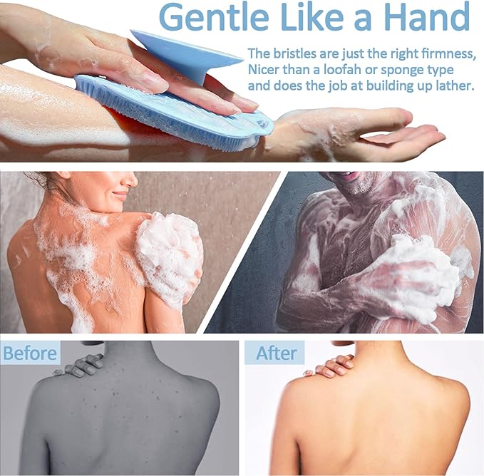 Soft Silicone Body Scrubber Gentle Like a Hand Exfoliating Your Skin and Build Up Lather, Back Large Suction Cup Easy to Store, & Deep Clean (Body Scrubber + Face Scrubber Blue)