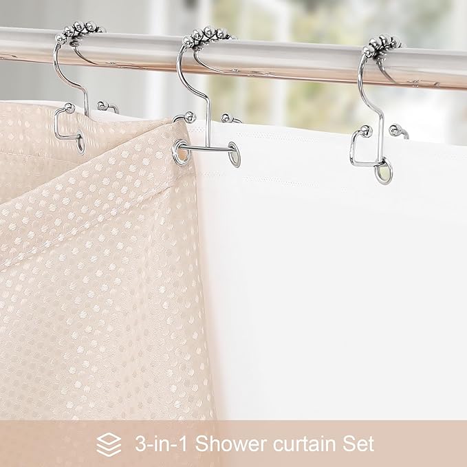 3 in 1 Long Blush Pink Shower Curtain Set-72 W x 78 H, Modern Waffle and PEVA Liner Set with 12 Stainless Steel Hooks, Waterproof Fabric for Bathroom