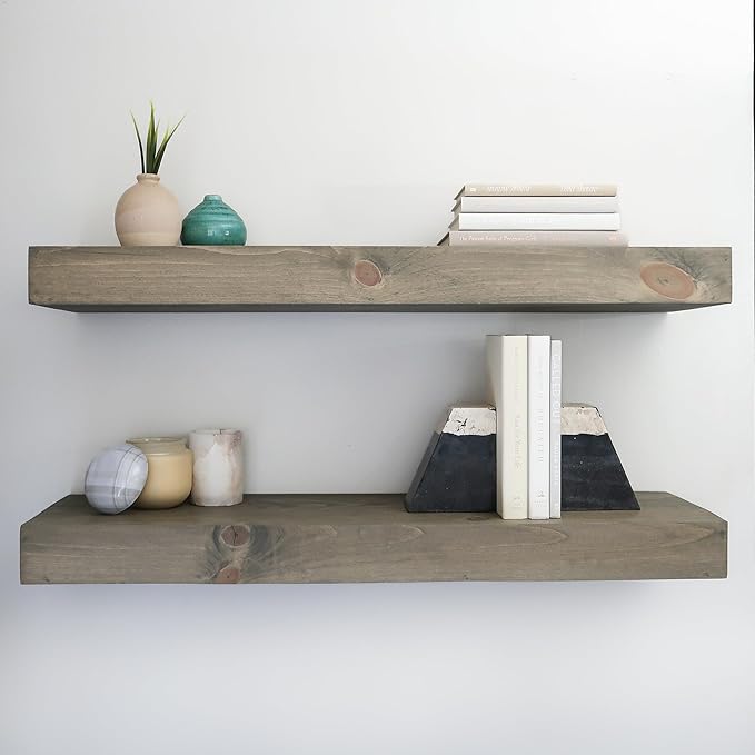 Urbandi Modern Floating Shelves 3 Inches Thick for Wall, Wide Shelves for Kitchen, Living Room, Bedroom, and Bathroom, Natural Pine Wood, Rustic Wooden Shelf, (Set of 2) (Aged Barrel, 48Lx3Hx8D)