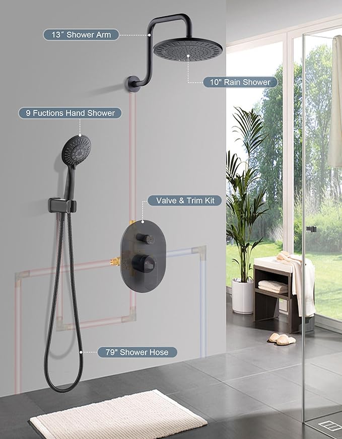 BRIGHT SHOWERS Shower Faucet Set, Shower System with Shower Valve Trim Kit, Double Handle Shower Fixture Rainfall Shower Head and 9-Setting Handheld Spray Combo, Valve Included, Oil-Rubbed Bronze