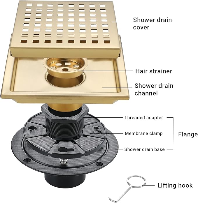6 Inch Square Shower Floor Drain, Stainless Steel Black Shower Drain Kit with Flange, Floor Drain with Removable Grid Cover,Brushed Gold