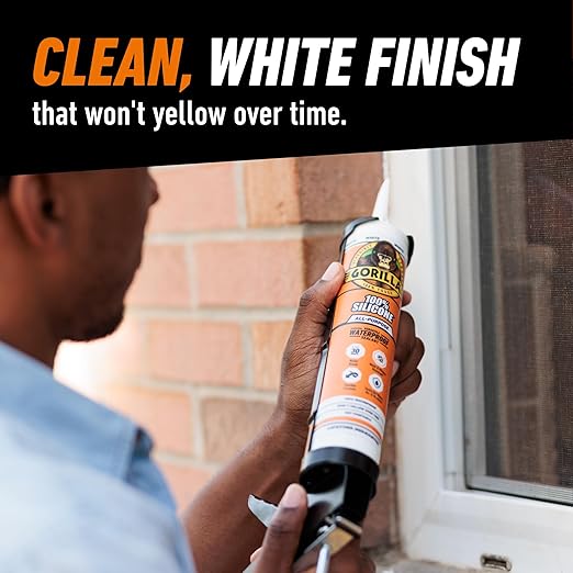 Gorilla Waterproof Caulk & Seal Silicone Sealant, 10oz Cartridge (Pack of 2) - White Caulking Sealant for Kitchen, Window, Bath, Marine, Door and More