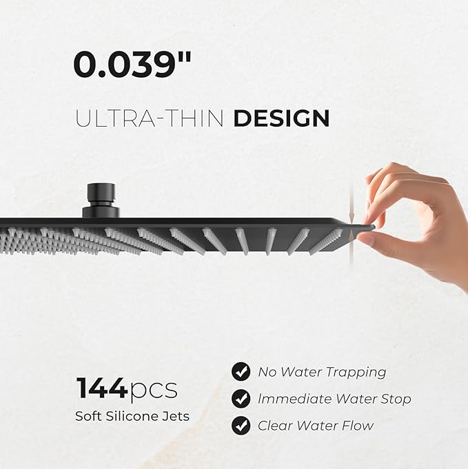 Rain Shower Head, High Flow Stainless Steel Square Rainfall Shower, Waterfall Bath Shower Body Covering, Ceiling or Wall Mount, Ultra Thin (12 Inch, Matte Black)