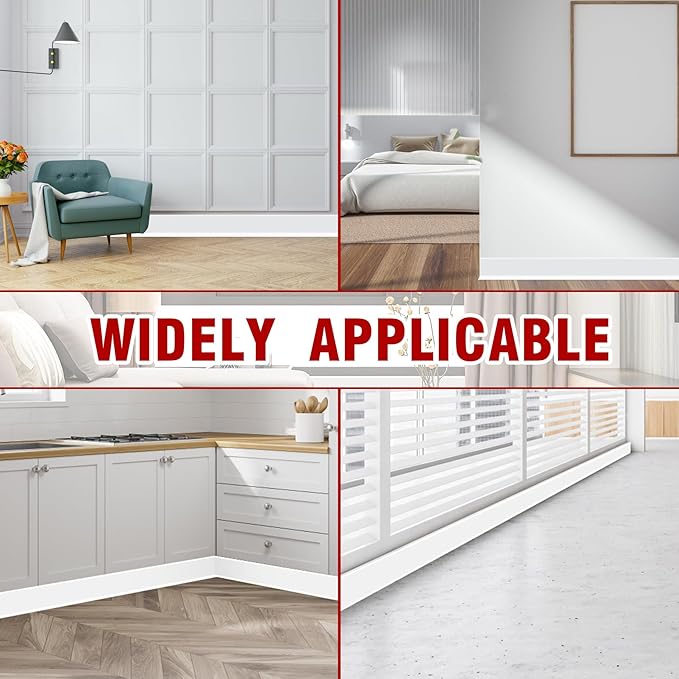 Vinyl Baseboard Molding Trim 4 Inch x 200 Feet Peel and Stick Baseboard Trim Flexible PVC Cove Base Moulding Self-Adhesive Trim for Garage Bathroom Cabinet Floor Walls, White